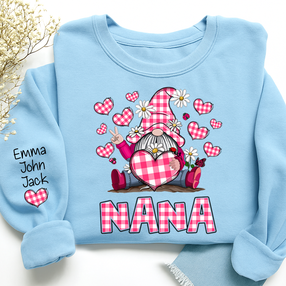Pink Checkered Valentine's Day sweatshirt For Nana, Cute Gnome Dwarf Heart Design, Family love, Gift for Grandma