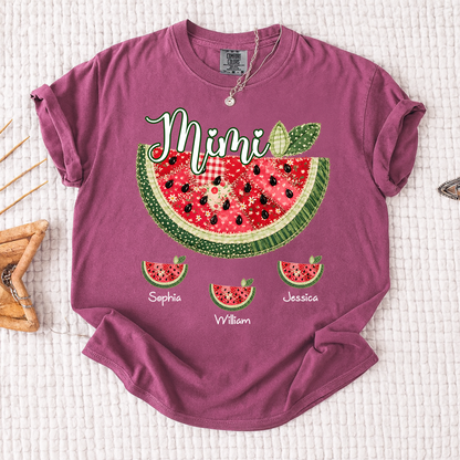 Comfort Colors Custom Mimi Watermelon Patchwork Tee, Personalized Grandma Shirt with Kids Names, Summer Vacation Family Gift for Women
