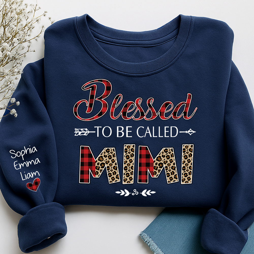 Personalized Blessed To Be Called Nana Sweatshirt With Grandkids Names, Custom Grandma Gift, Leopard Plaid Nana Crewneck