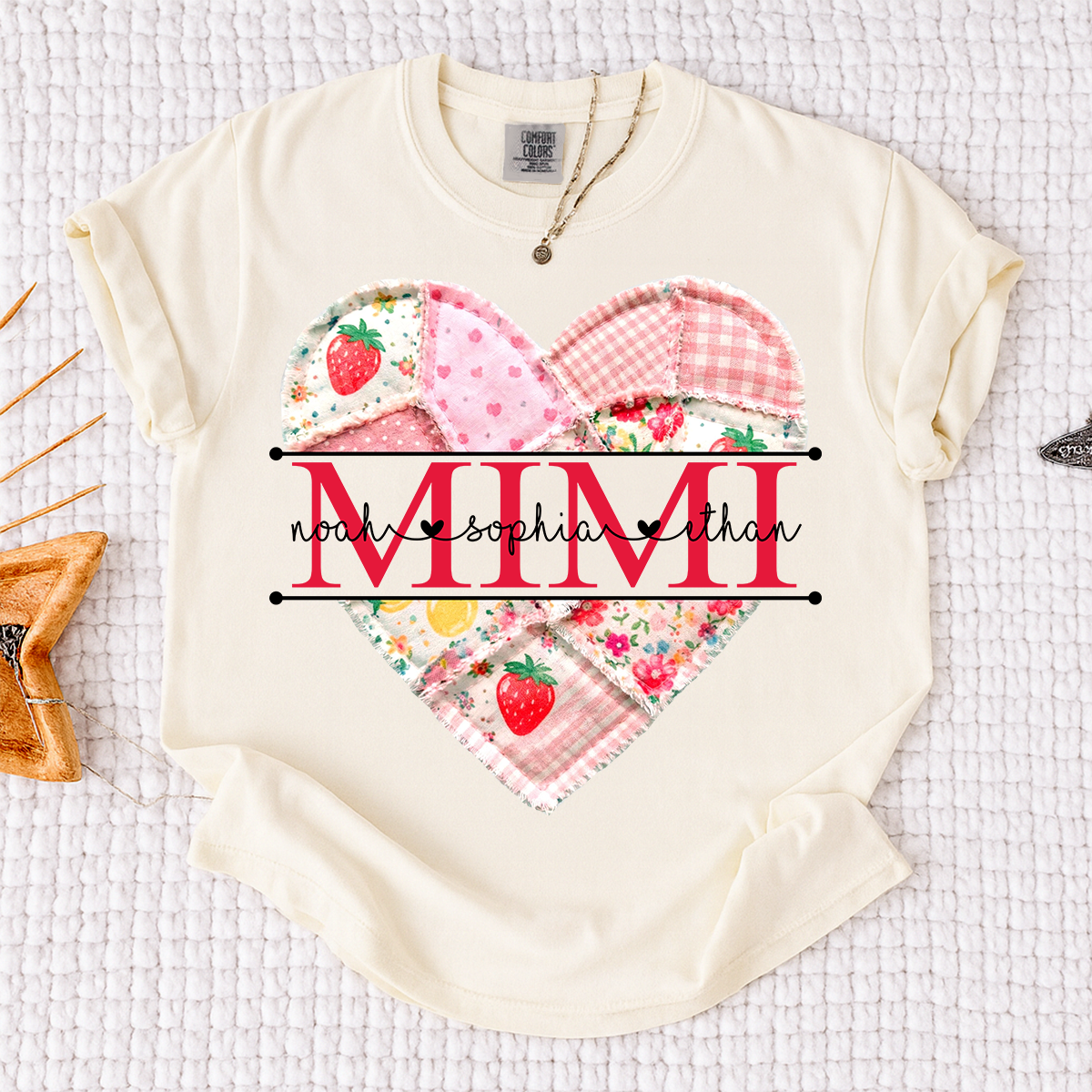 Comfort Colors® Personalized Mimi Heart Patch T-Shirt for Grandma, Custom Family Names Tee