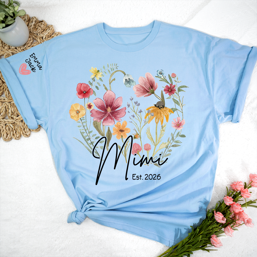 Mimi Est T-Shirt Personalized with Grandkids Names, Wildflower Floral Family Tee