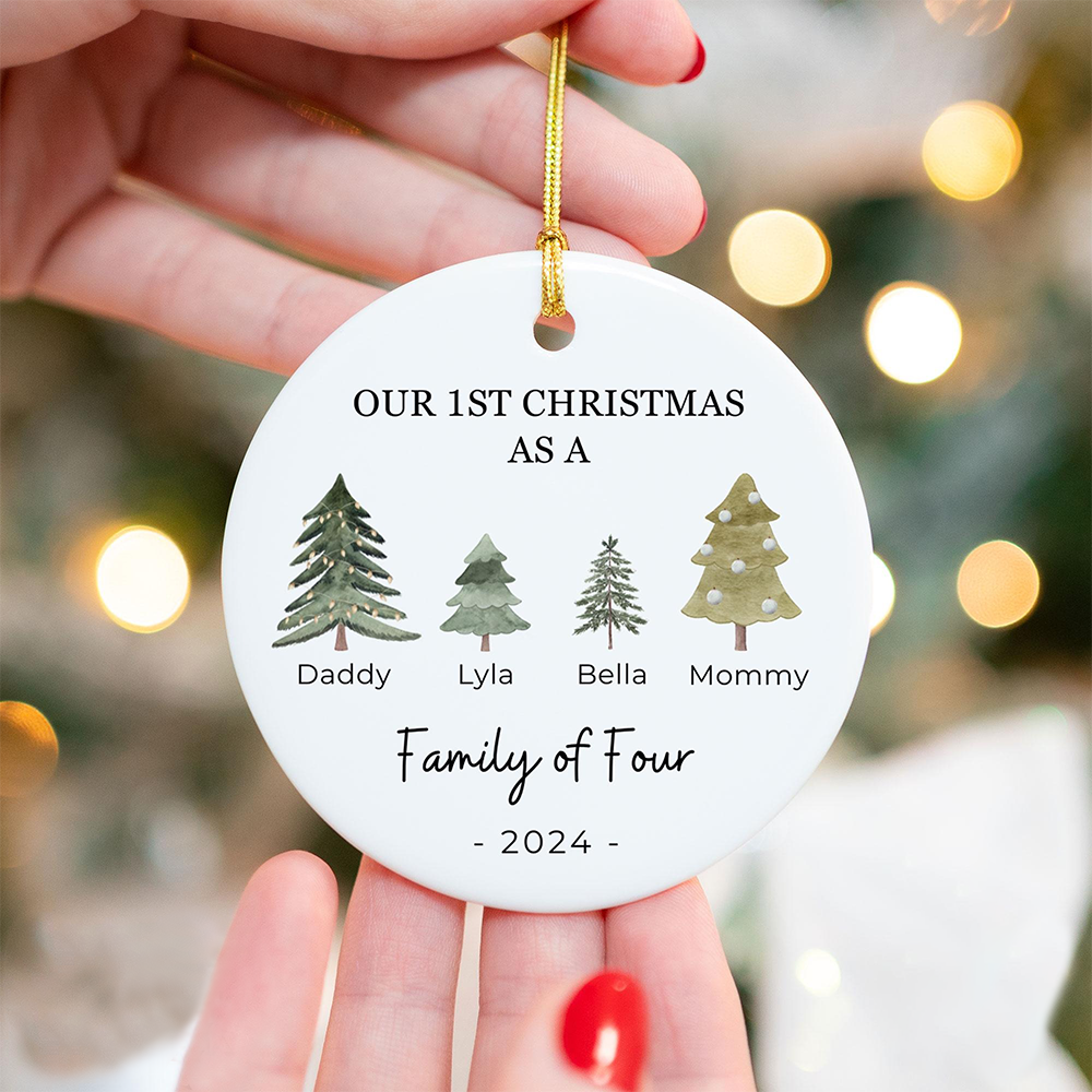 Personalized Our First Christmas Family of Three Ornament 2025, Custom Ceramic Ornament For Parents