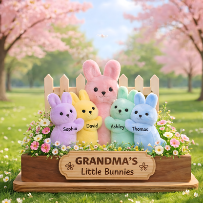 Personalized Easter Wooden Plaque - "Grandma's Little Bunnies" with Custom Grandkids' Names, Plush Bunny and Floral Design