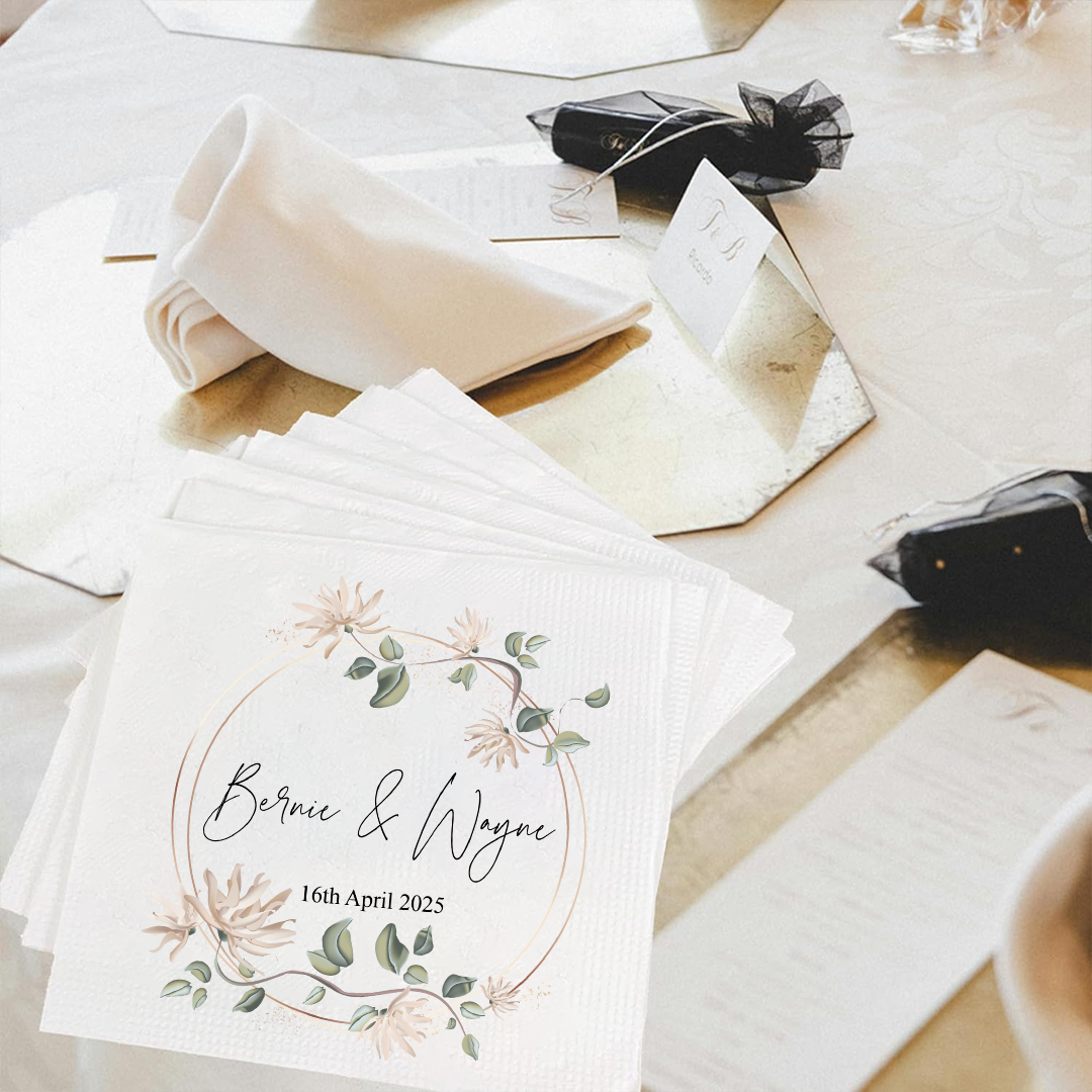 Personalized Wedding Napkins with Names & Date – Elegant Floral Design Napkinds