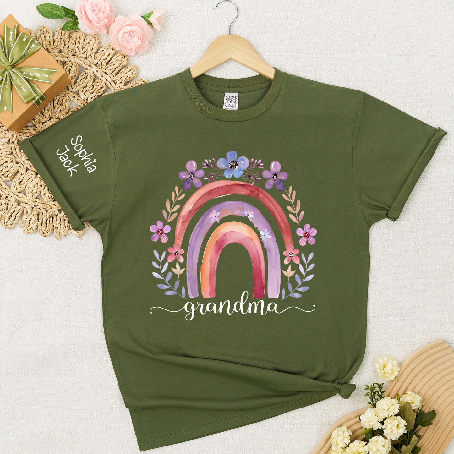 Personalized Rainbow Shirt Watercolor Floral Design Custom Grandma Nana Mimi Gigi Name Tee with Grandkids Names Family Gift for Her