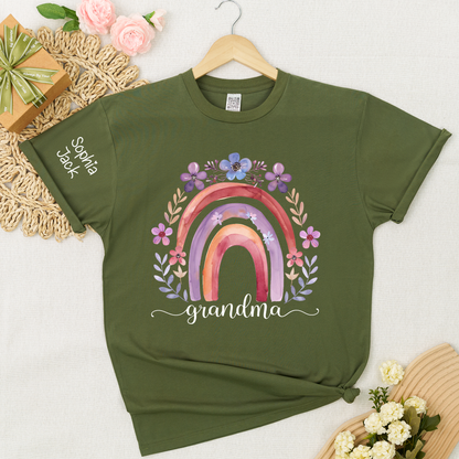 Personalized Rainbow Shirt Watercolor Floral Design Custom Grandma Nana Mimi Gigi Name Tee with Grandkids Names Family Gift for Her