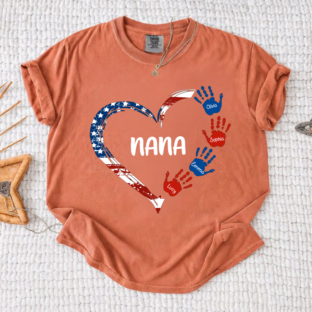 Comfort Color Personalized Nana Shirt Patriotic Heart Handprint Design Custom Grandma Mimi Gigi Name Tee with Grandkids Names Family 4th of July Outfit