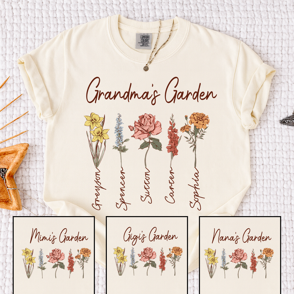 Comfort Colors Grandma's Garden Shirt, Personalized Floral Grandma T-Shirt with Grandkids' Names, Custom Flower Tee for Grandma, Mother's Day Gift