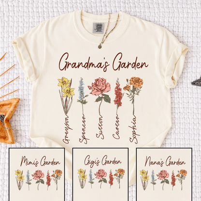 Comfort Colors Grandma's Garden Shirt, Personalized Floral Grandma T-Shirt with Grandkids' Names, Custom Flower Tee for Grandma, Mother's Day Gift