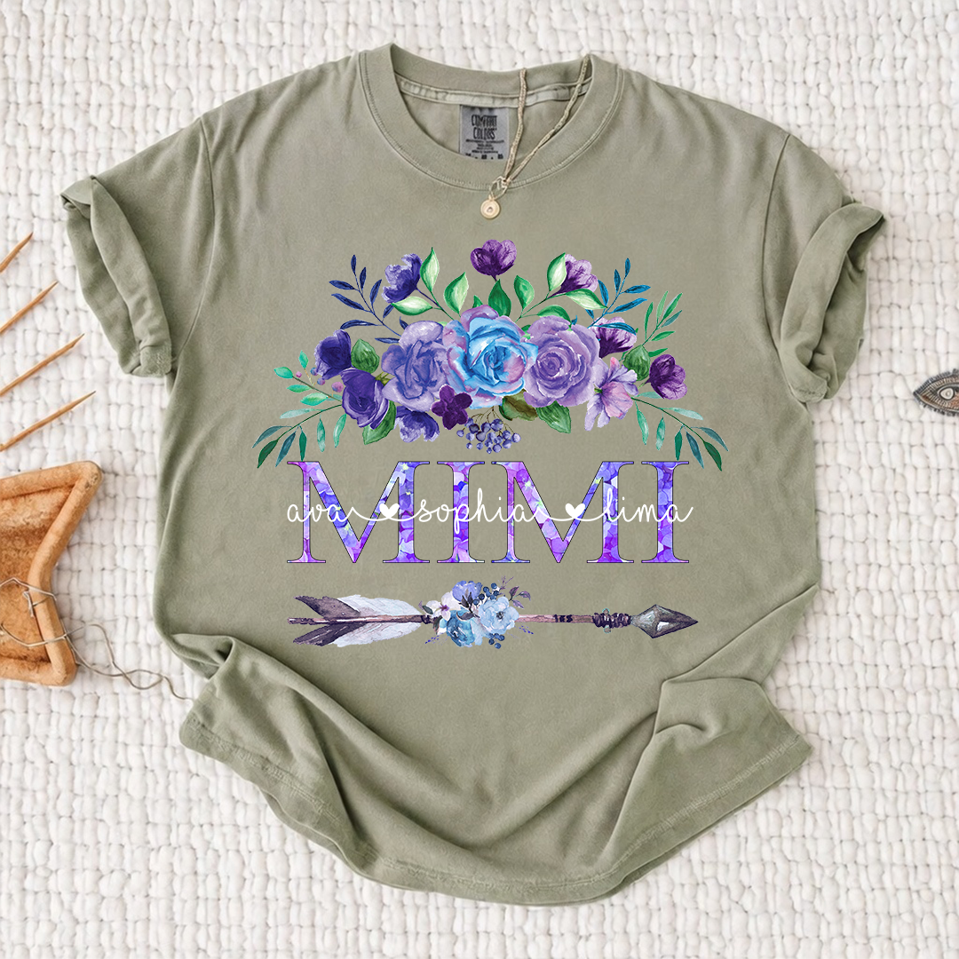 Comfort Colors Personalized Mimi T-shirt with Custom Names, Floral and Arrow Design, Customizable Gift for Mimi