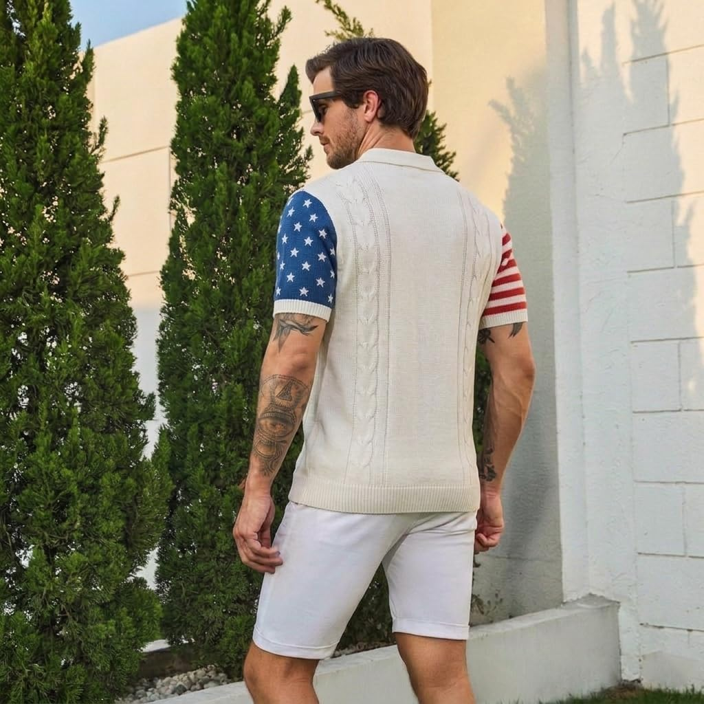 Personalized American Flag Embroidered Knit Polo, Custom Name Sweater Shirt, Patriotic USA Apparel For Men