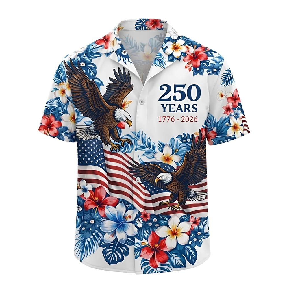 USA 250th Anniversary Hawaiian Shirt, Patriotic Eagle & Statue of Liberty 250 Years of Freedom Gift for Men V4