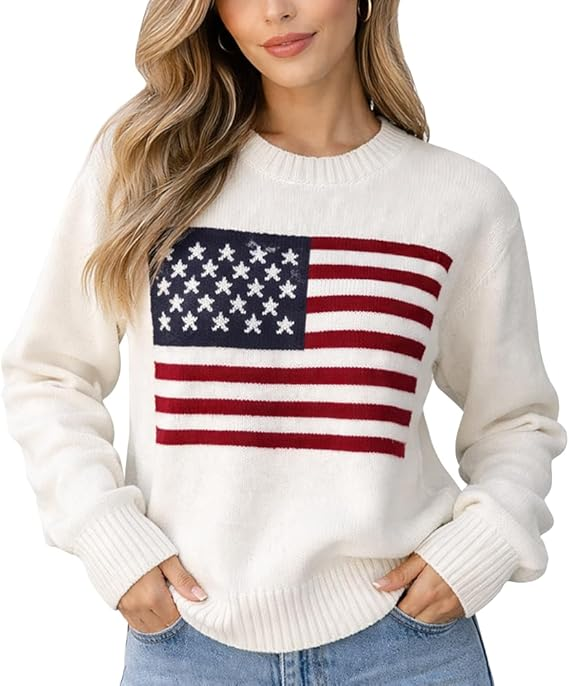 Knit Women's American Flag Pattern Long Sleeve Lightweight Round Neck Sweater Casual Loose Pullover Sweater