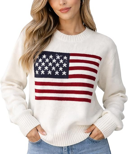 Knit Women's American Flag Pattern Long Sleeve Lightweight Round Neck Sweater Casual Loose Pullover Sweater