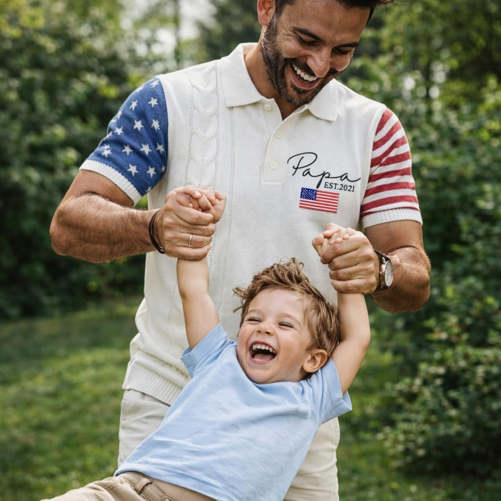 Personalized American Flag Embroidered Knit Polo, Custom Name Sweater Shirt, Patriotic USA Apparel For Men