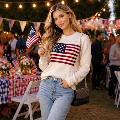 Knit Women's American Flag Pattern Long Sleeve Lightweight Round Neck Sweater Casual Loose Pullover Sweater