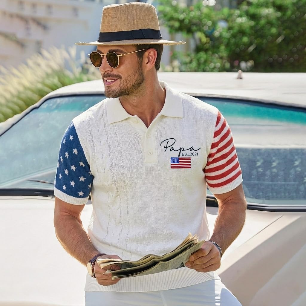 Personalized American Flag Embroidered Knit Polo, Custom Name Sweater Shirt, Patriotic USA Apparel For Men