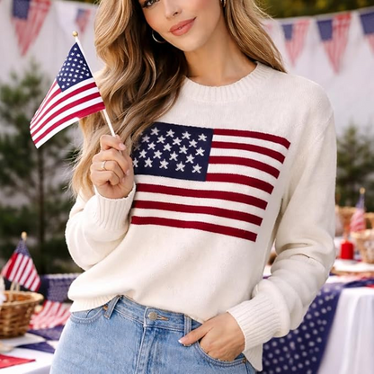 Knit Women's American Flag Pattern Long Sleeve Lightweight Round Neck Sweater Casual Loose Pullover Sweater