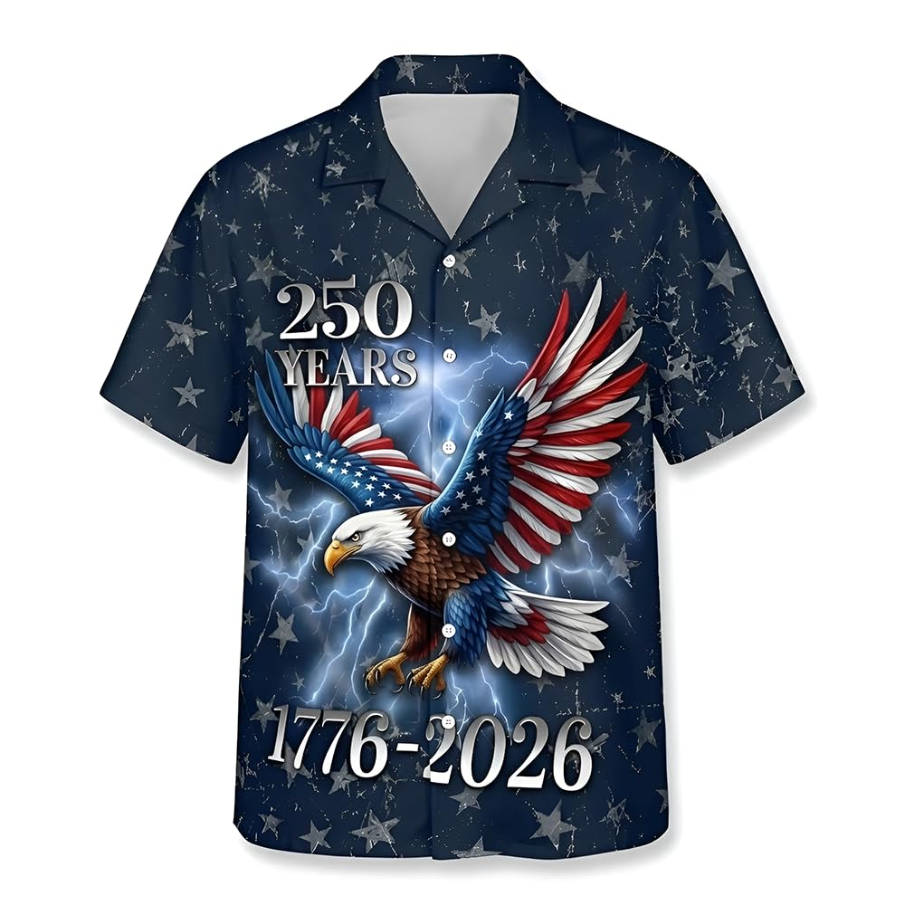 USA 250th Anniversary Hawaiian Shirt, Patriotic Eagle & Statue of Liberty 250 Years of Freedom Gift for Men V2