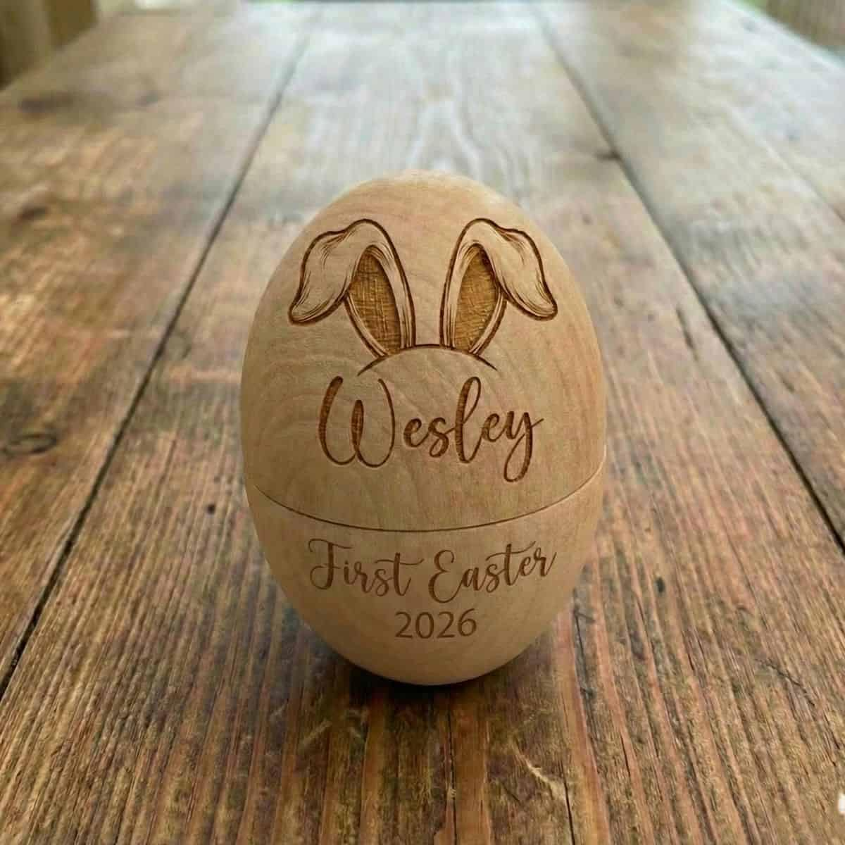 Personalized Engraved Name & Initial Bunnies Wooden Easter Egg, Basket Stuffer, Farmhouse Spring Tabletop Decor, Easter Gift for Kids
