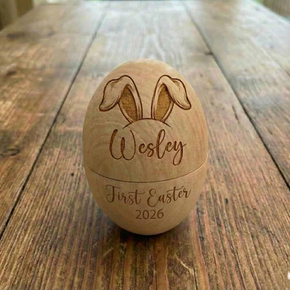 Personalized Engraved Name & Initial Bunnies Wooden Easter Egg, Basket Stuffer, Farmhouse Spring Tabletop Decor, Easter Gift for Kids