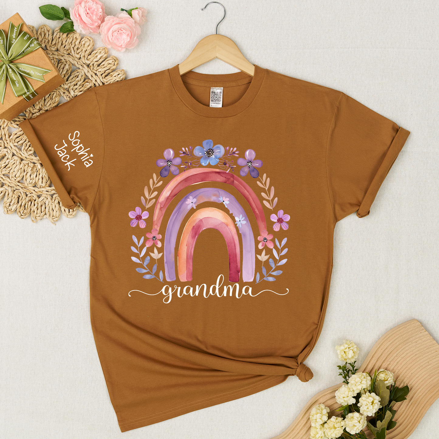 Personalized Rainbow Shirt Watercolor Floral Design Custom Grandma Nana Mimi Gigi Name Tee with Grandkids Names Family Gift for Her