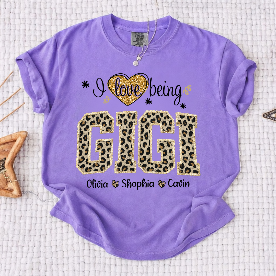 Comfort Colors Personalized I Love Being Gigi Shirt - Leopard Print Custom Grandkids Names Tee