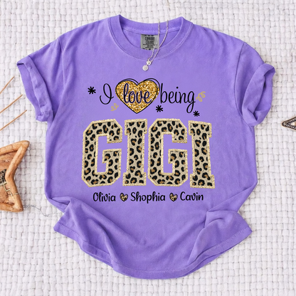 Comfort Colors Personalized I Love Being Gigi Shirt - Leopard Print Custom Grandkids Names Tee