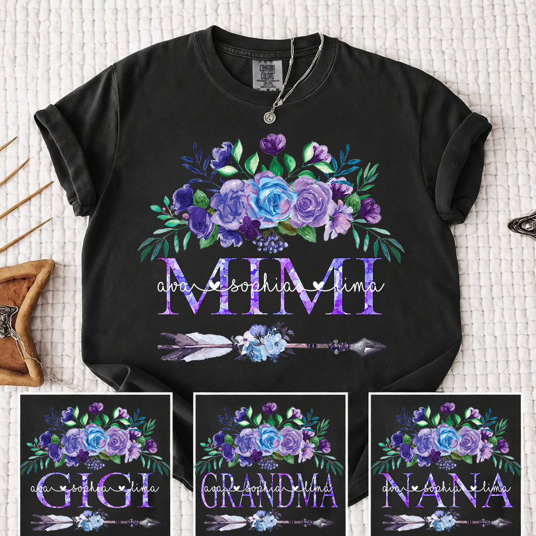 Comfort Colors Personalized Mimi T-shirt with Custom Names, Floral and Arrow Design, Customizable Gift for Mimi