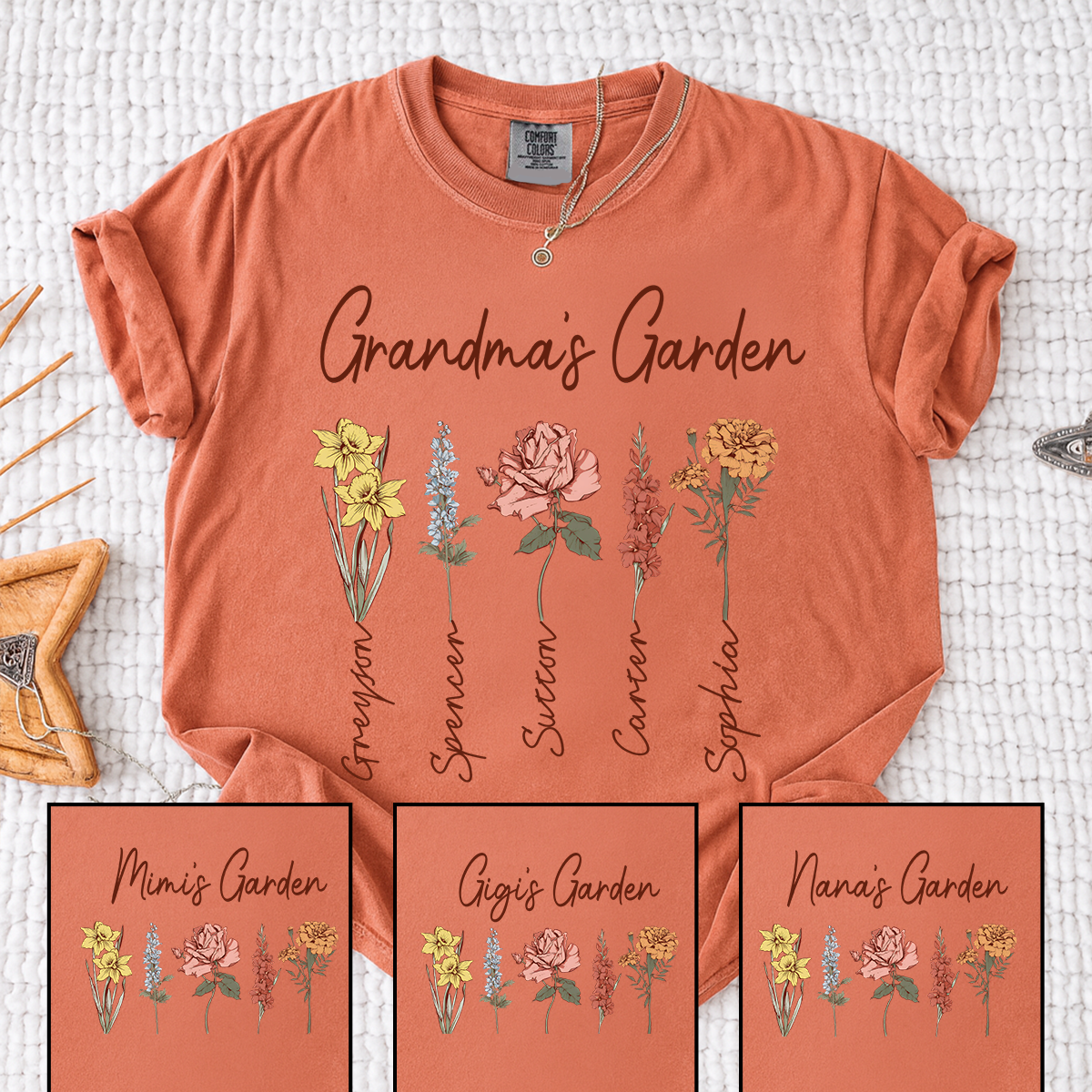 Comfort Colors Grandma's Garden Shirt, Personalized Floral Grandma T-Shirt with Grandkids' Names, Custom Flower Tee for Grandma, Mother's Day Gift