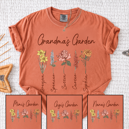 Comfort Colors Grandma's Garden Shirt, Personalized Floral Grandma T-Shirt with Grandkids' Names, Custom Flower Tee for Grandma, Mother's Day Gift