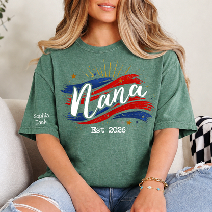 Promoted to Nana Est 2026 Shirt, Personalized Patriotic Nana T-Shirt with Grandkids Names on Sleeve, American Flag Brush Stroke Custom Grandma Tee