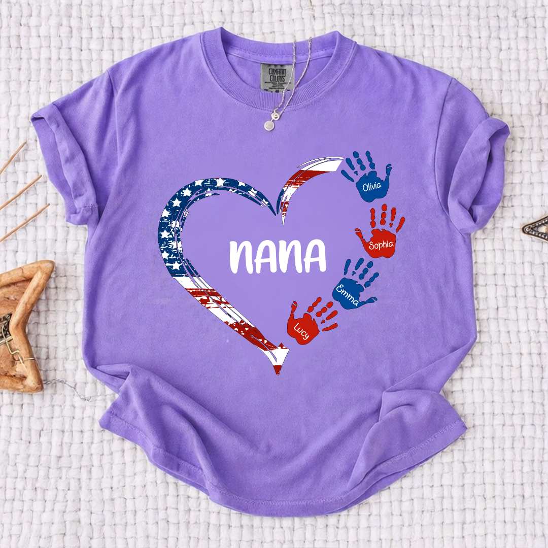 Comfort Color Personalized Nana Shirt Patriotic Heart Handprint Design Custom Grandma Mimi Gigi Name Tee with Grandkids Names Family 4th of July Outfit
