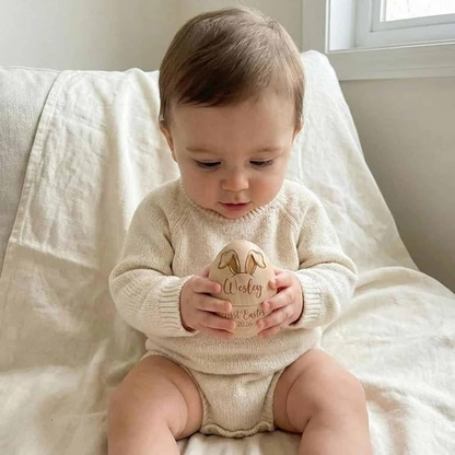 Personalized Engraved Name & Initial Bunnies Wooden Easter Egg, Basket Stuffer, Farmhouse Spring Tabletop Decor, Easter Gift for Kids