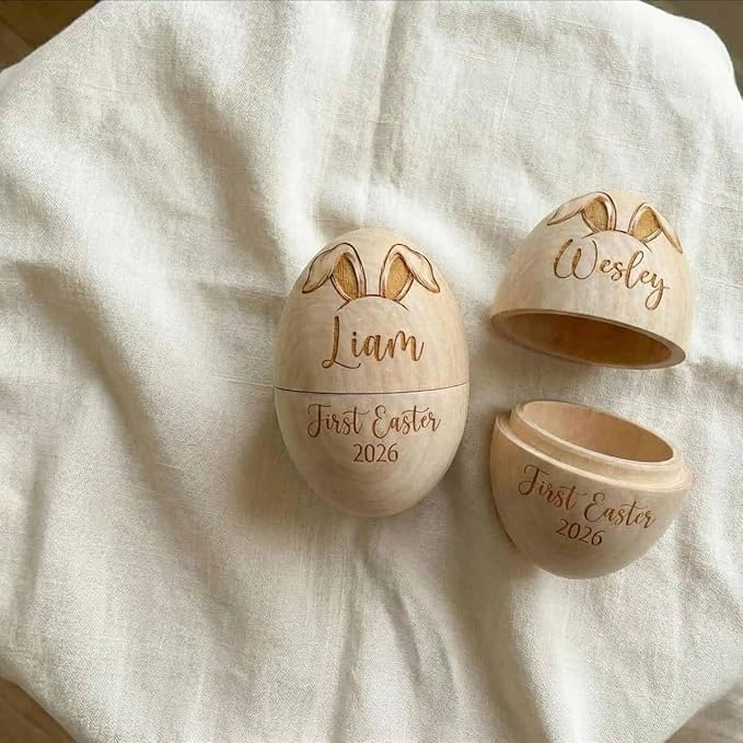 Personalized Engraved Name & Initial Bunnies Wooden Easter Egg, Basket Stuffer, Farmhouse Spring Tabletop Decor, Easter Gift for Kids