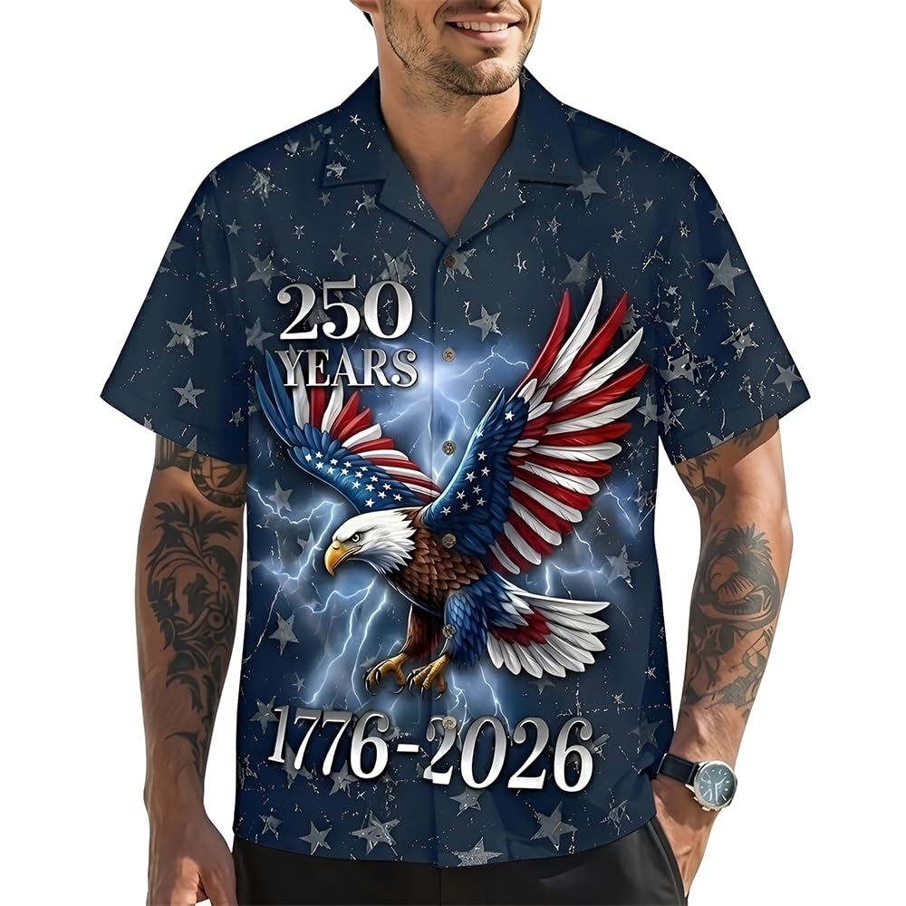 USA 250th Anniversary Hawaiian Shirt, Patriotic Eagle & Statue of Liberty 250 Years of Freedom Gift for Men V2