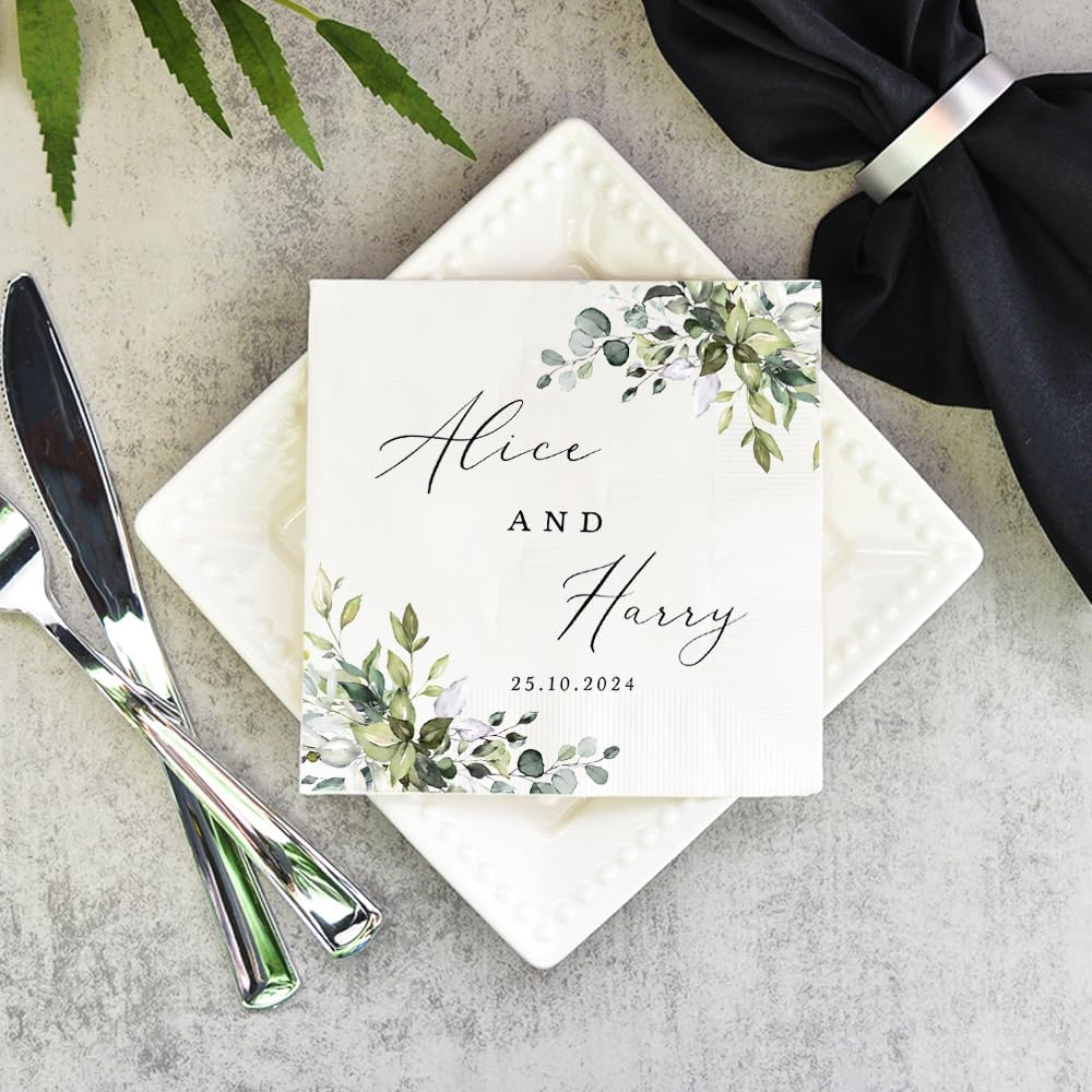 Personalized Wedding Cocktail Napkins – Custom Floral Name Elegant Bride & Groom Decor