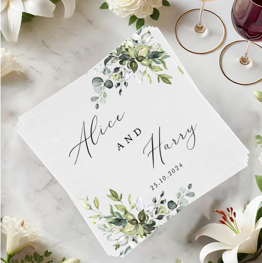 Personalized Wedding Cocktail Napkins – Custom Floral Name Elegant Bride & Groom Decor