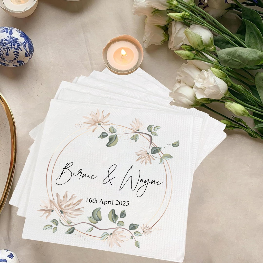 Personalized Wedding Napkins with Names & Date – Elegant Floral Design Napkinds