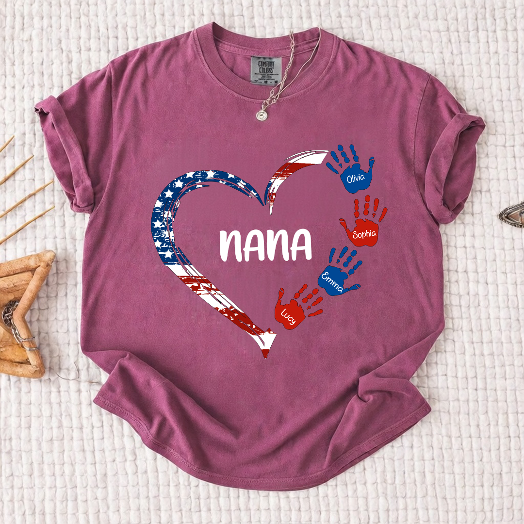 Comfort Color Personalized Nana Shirt Patriotic Heart Handprint Design Custom Grandma Mimi Gigi Name Tee with Grandkids Names Family 4th of July Outfit