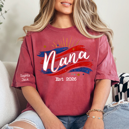 Promoted to Nana Est 2026 Shirt, Personalized Patriotic Nana T-Shirt with Grandkids Names on Sleeve, American Flag Brush Stroke Custom Grandma Tee