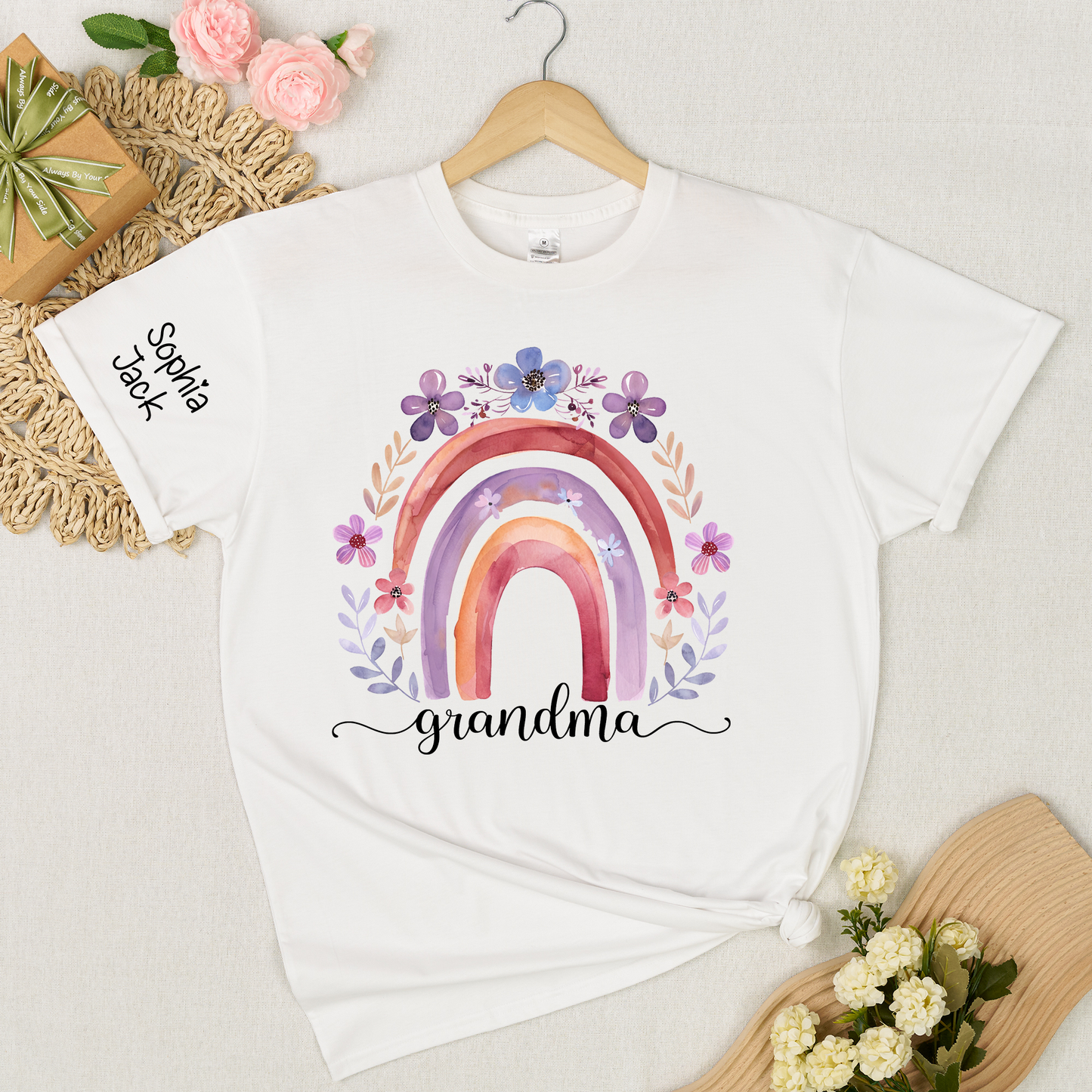Personalized Rainbow Shirt Watercolor Floral Design Custom Grandma Nana Mimi Gigi Name Tee with Grandkids Names Family Gift for Her