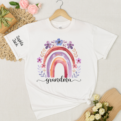 Personalized Rainbow Shirt Watercolor Floral Design Custom Grandma Nana Mimi Gigi Name Tee with Grandkids Names Family Gift for Her