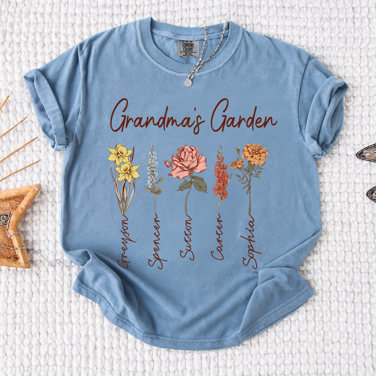 Comfort Colors Grandma's Garden Shirt, Personalized Floral Grandma T-Shirt with Grandkids' Names, Custom Flower Tee for Grandma, Mother's Day Gift