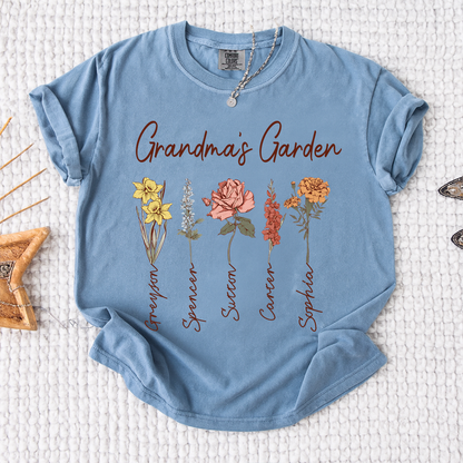 Comfort Colors Grandma's Garden Shirt, Personalized Floral Grandma T-Shirt with Grandkids' Names, Custom Flower Tee for Grandma, Mother's Day Gift
