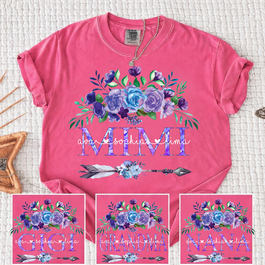 Comfort Colors Personalized Mimi T-shirt with Custom Names, Floral and Arrow Design, Customizable Gift for Mimi