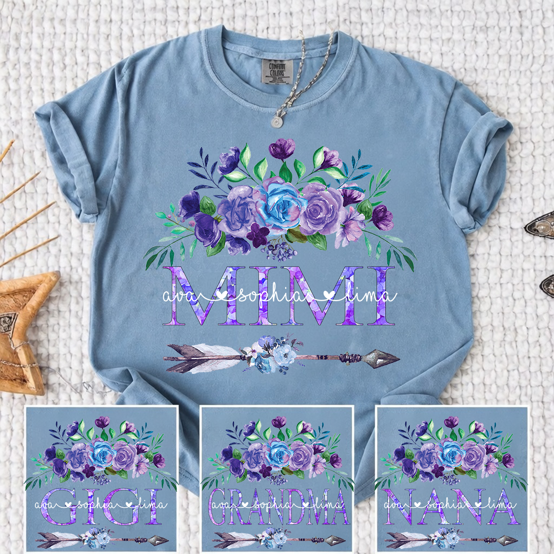 Comfort Colors Personalized Mimi T-shirt with Custom Names, Floral and Arrow Design, Customizable Gift for Mimi