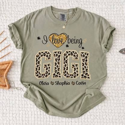 Comfort Colors Personalized I Love Being Gigi Shirt - Leopard Print Custom Grandkids Names Tee