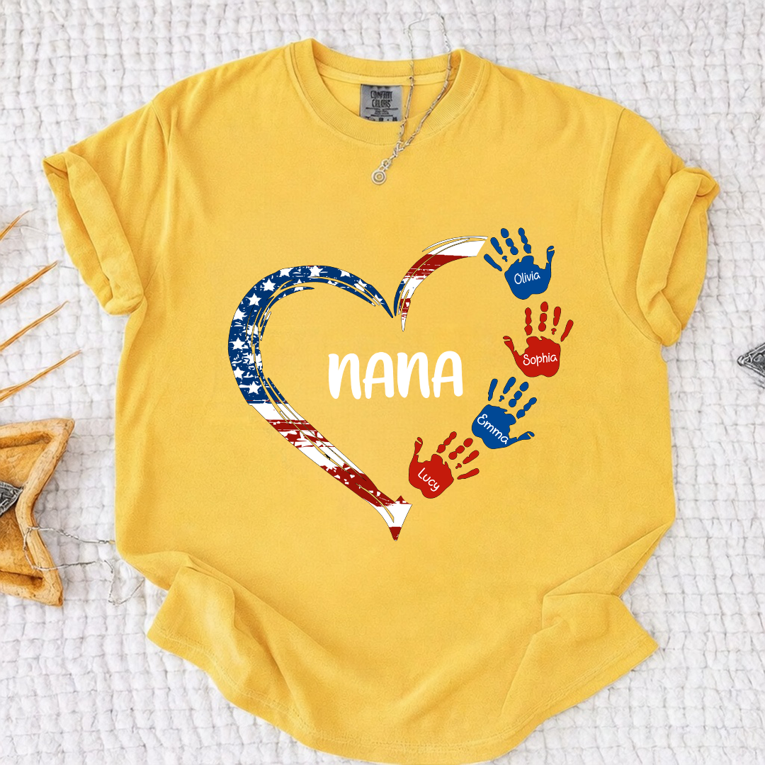 Comfort Color Personalized Nana Shirt Patriotic Heart Handprint Design Custom Grandma Mimi Gigi Name Tee with Grandkids Names Family 4th of July Outfit