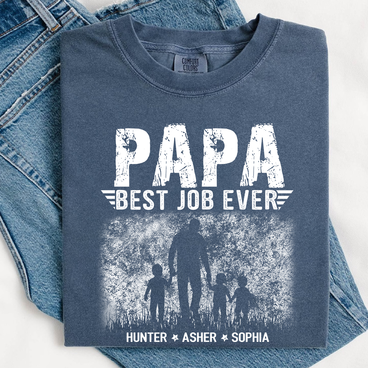 Papa Best Job Ever Shirt - Comfort Colors Custom Kids Names Tee - Father's Day Gift for Grandpa